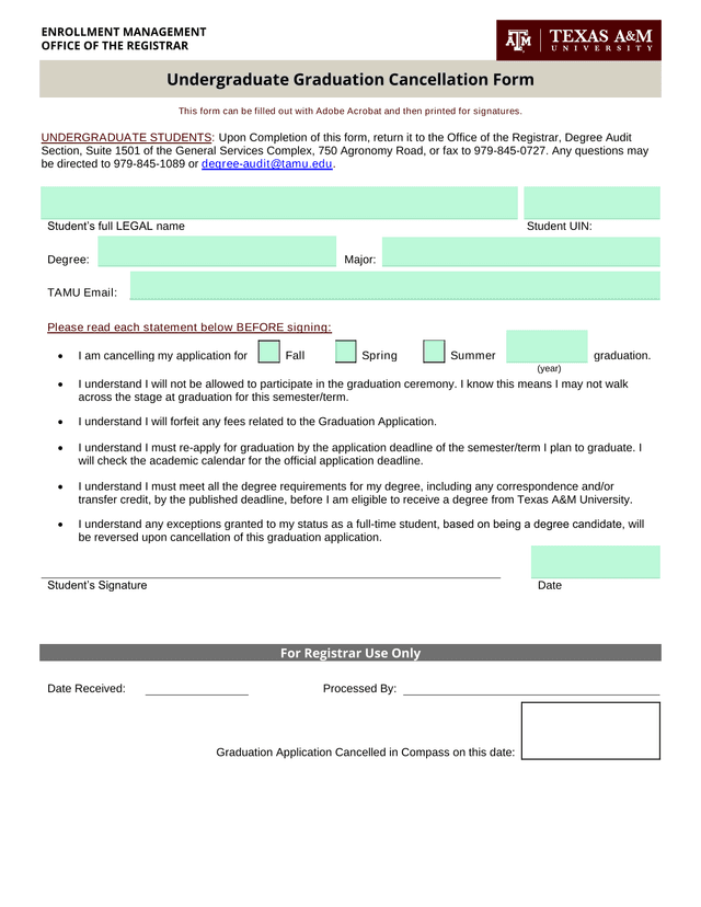 Undergraduate Graduation Cancellation Form screenshot
