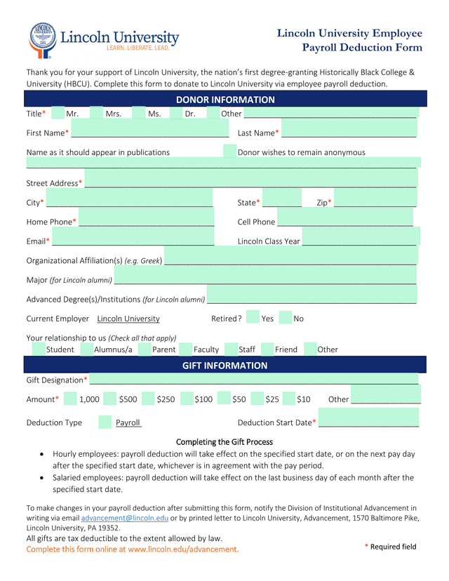 Lincoln University Employee Payroll Deduction Form screenshot