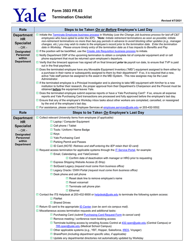 Form 3503 FR.03 Termination Checklist screenshot