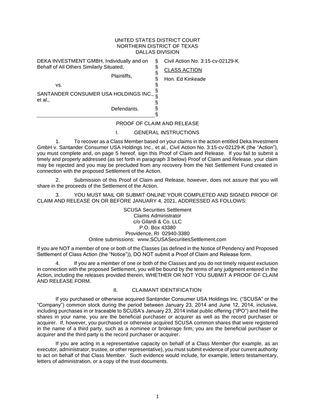 Proof Of Claim And Release   Deka Investment GmbH V. Santander Consumer USA Holdings Inc. screenshot