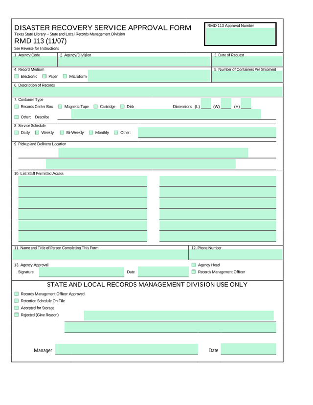 Disaster Recovery Service Approval Form screenshot