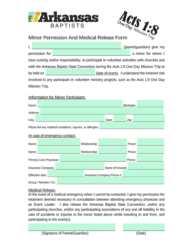 Minor Permission And Medical Release Form screenshot