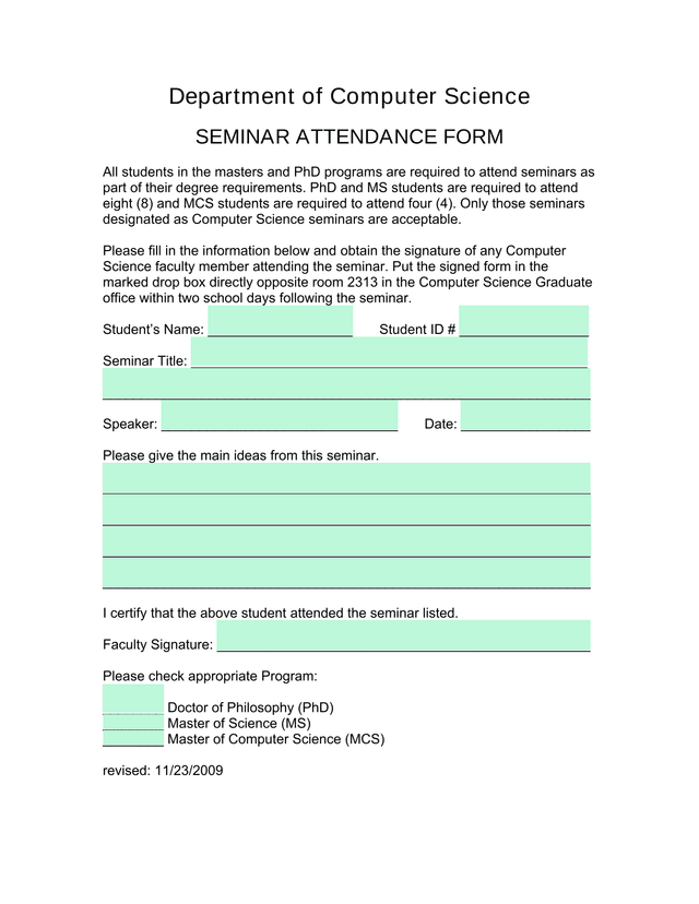 Seminar Attendance Form screenshot