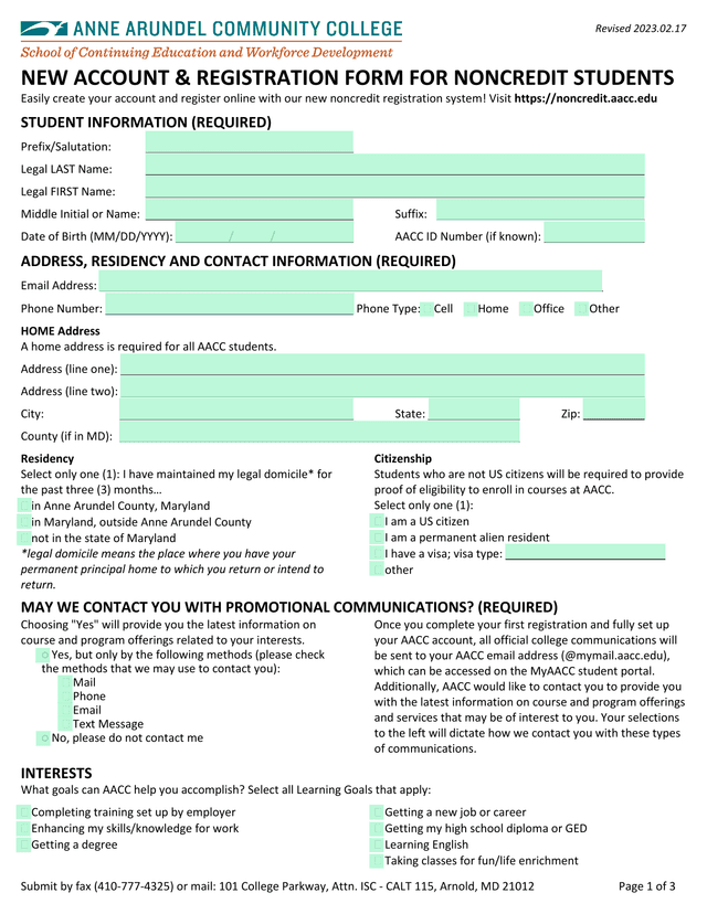 NEW ACCOUNT  REGISTRATION FORM FOR NONCREDIT STUDENTS screenshot