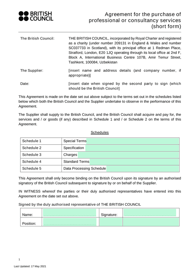 Agreement For The Purchase Of Professional Or Consultancy Services (Short Form) screenshot
