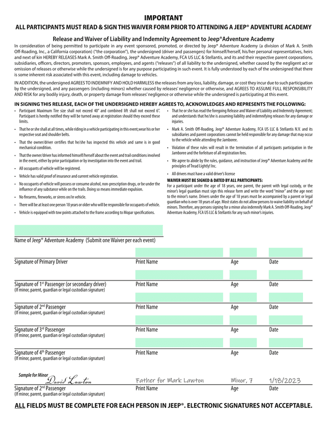 Release And Waiver Of Liability And Indemnity Agreement To Jeep Adventure Academy screenshot