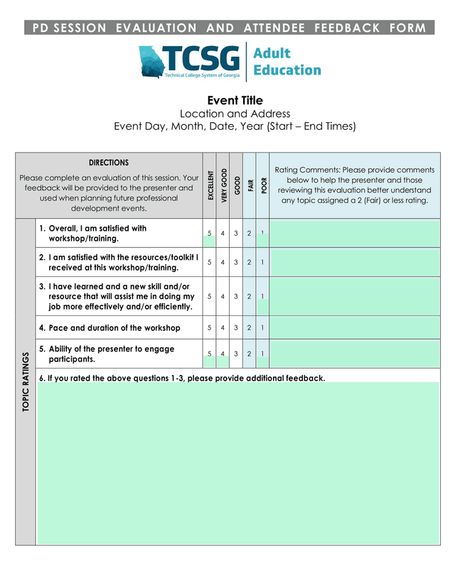 PD SESSION EVALUATION AND ATTENDEE FEEDBACK FORM screenshot