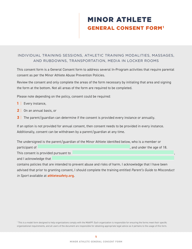 Minor Athlete General Consent Form screenshot