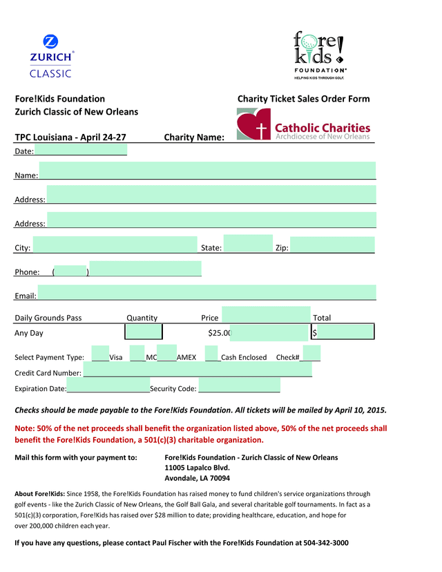 Charity Ticket Sales Order Form screenshot