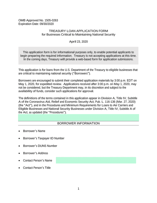 TREASURY LOAN APPLICATION FORM For Businesses Critical To Maintaining National Security screenshot