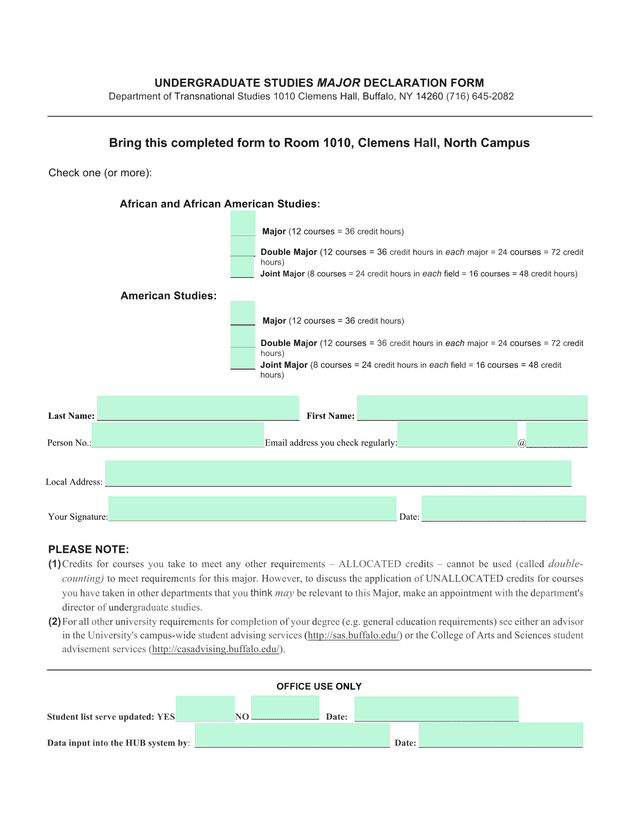 Undergraduate Studies Major Declaration Form screenshot