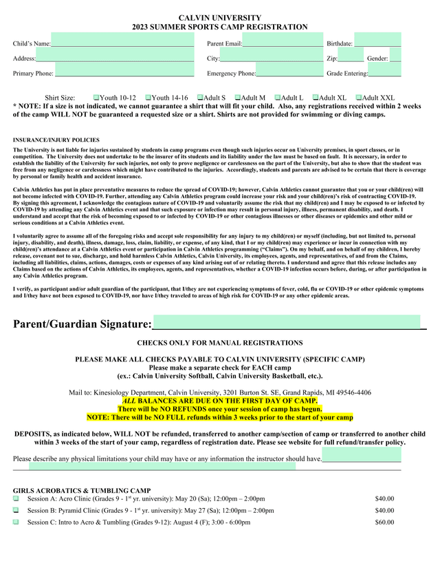 2023 SUMMER SPORTS CAMP REGISTRATION screenshot