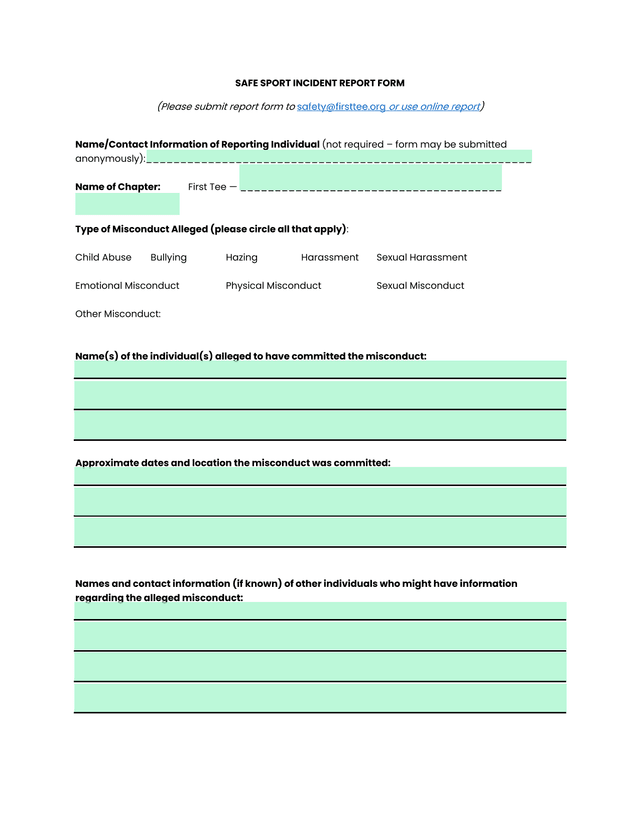 SAFE SPORT INCIDENT REPORT FORM screenshot