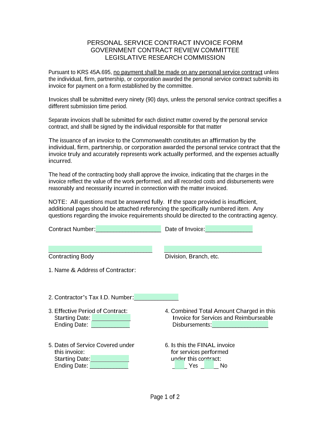 Personal Service Contract Invoice Form screenshot