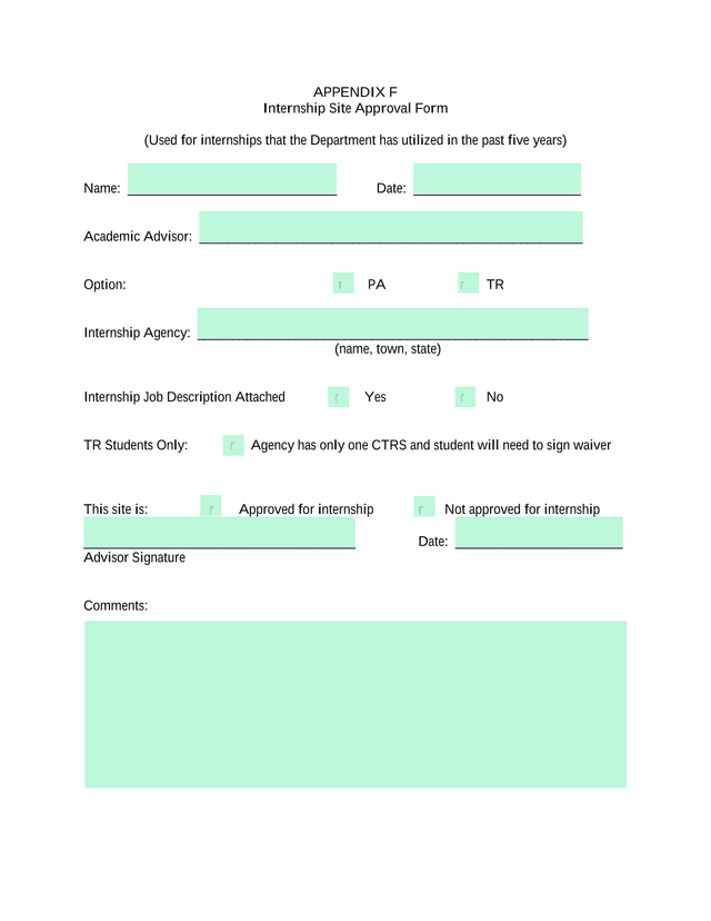 Internship Site Approval Form screenshot