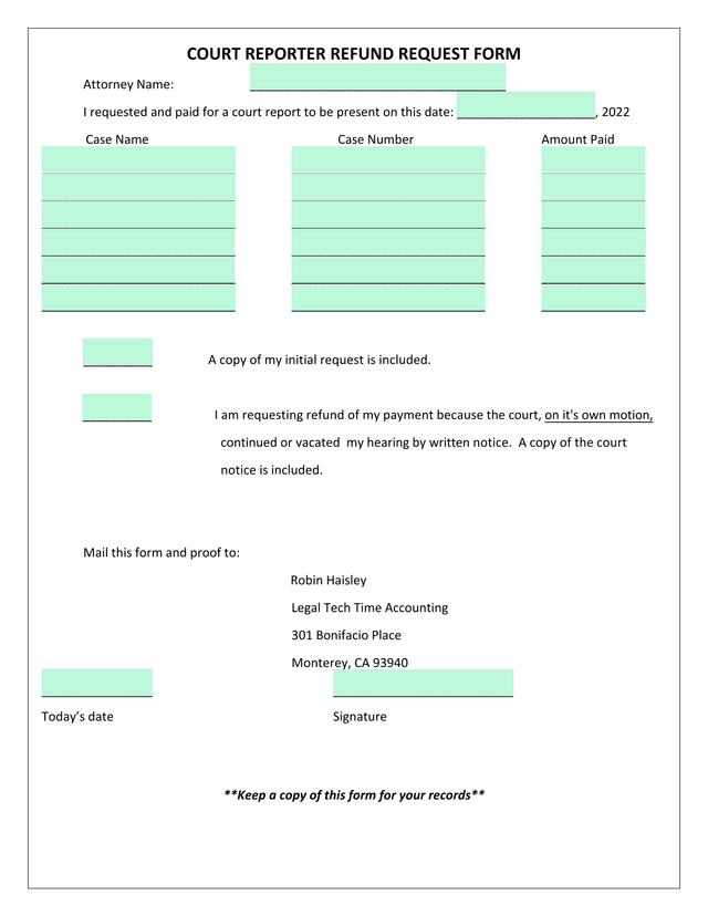 Court Reporter Refund Request Form screenshot