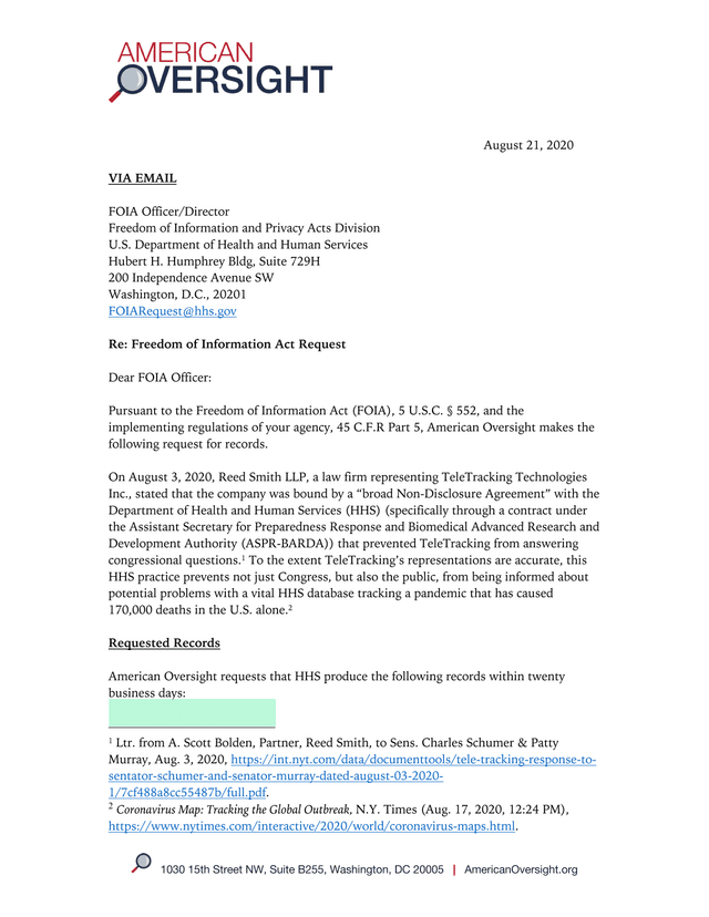 HHS 20 216 Freedom Of Information Act Request By American Oversight screenshot