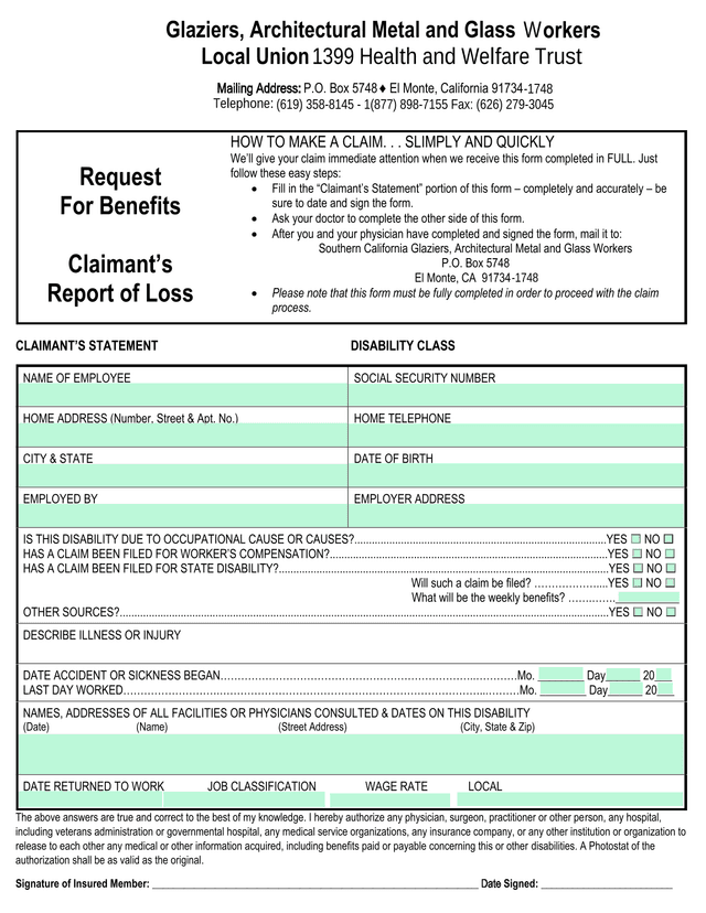 Request For Benefits   ClaimantS Report Of Loss screenshot