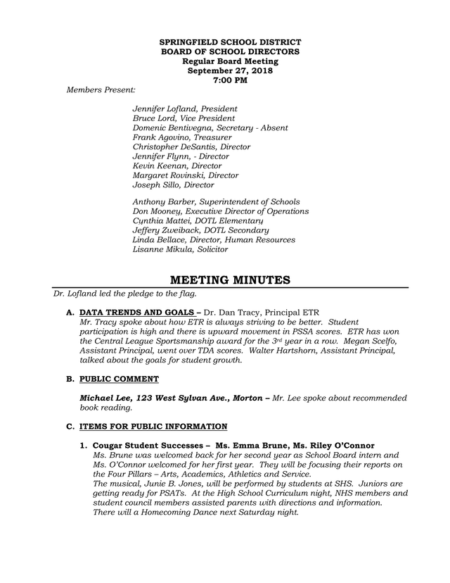 Springfield School District Board Meeting Minutes screenshot