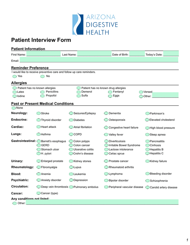 Patient Interview Form screenshot