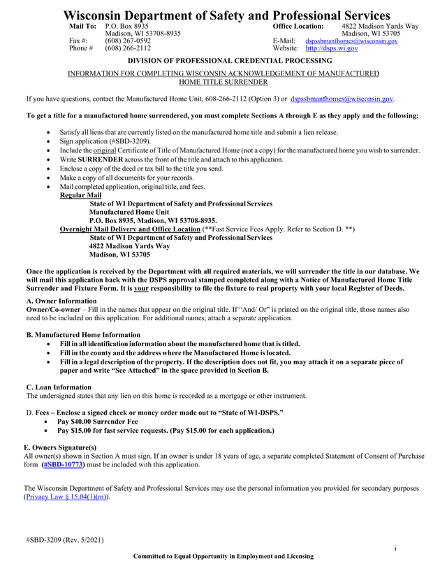 Wisconsin Acknowledgement Of Manufactured Home Title Surrender screenshot
