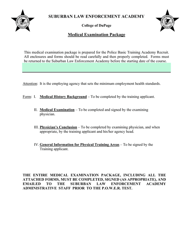 Suburban Law Enforcement Academy Medical Examination Package screenshot