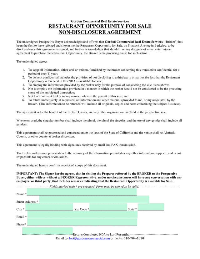 Restaurant Opportunity Non Disclosure Agreement screenshot