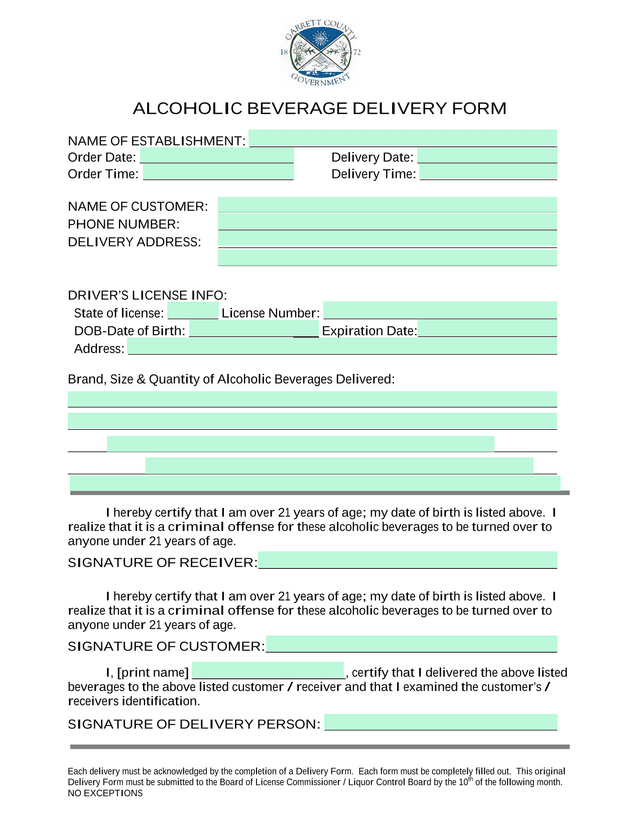 ALCOHOLIC BEVERAGE DELIVERY FORM screenshot