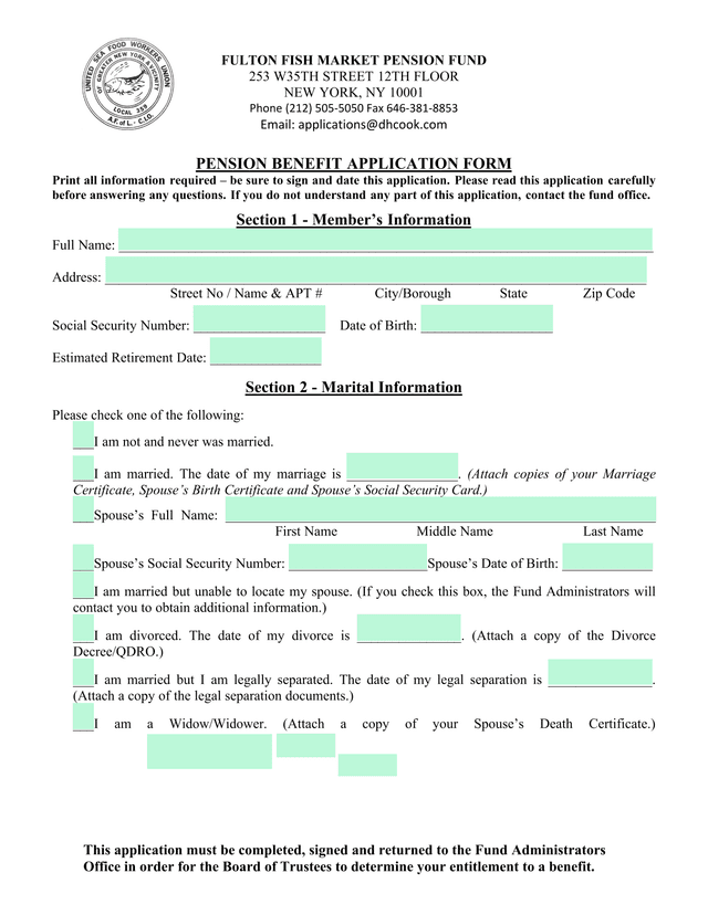 PENSION BENEFIT APPLICATION FORM screenshot