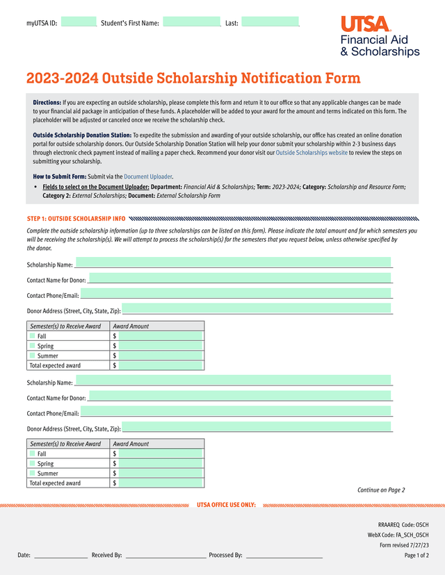 2023 2024 Outside Scholarship Notification Form screenshot