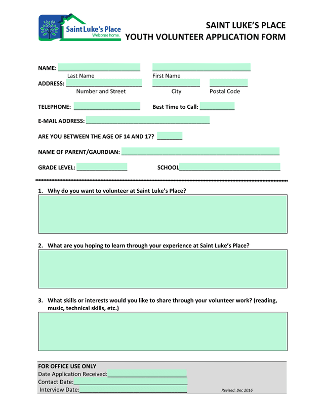 Saint LukeS Place Youth Volunteer Application Form screenshot