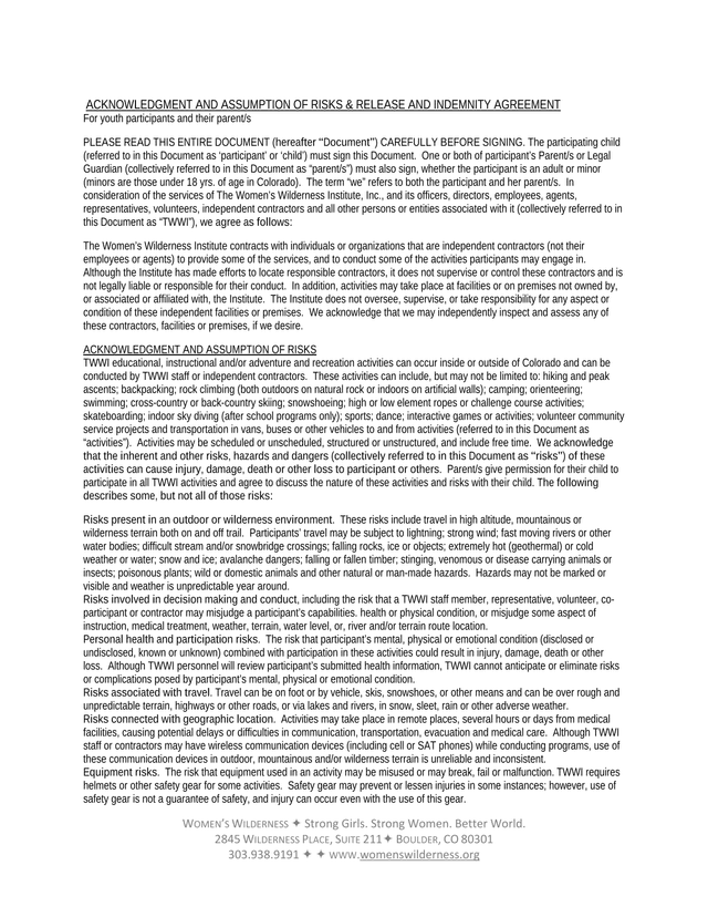 Acknowledgment And Assumption Of Risks  Release And Indemnity Agreement screenshot