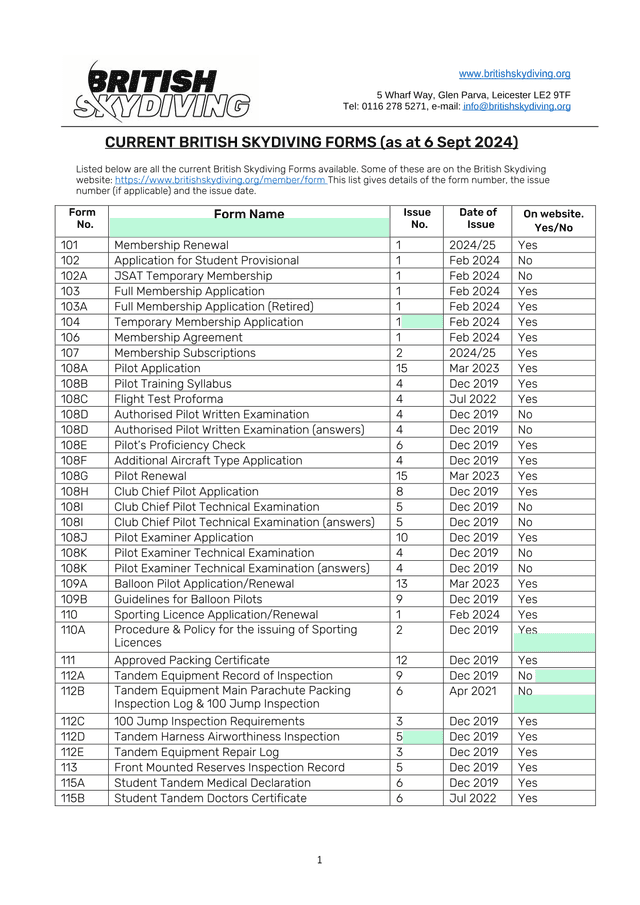 CURRENT BRITISH SKYDIVING FORMS screenshot