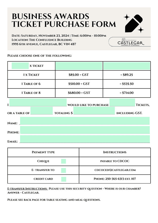BUSINESS AWARDS TICKET PURCHASE FORM screenshot