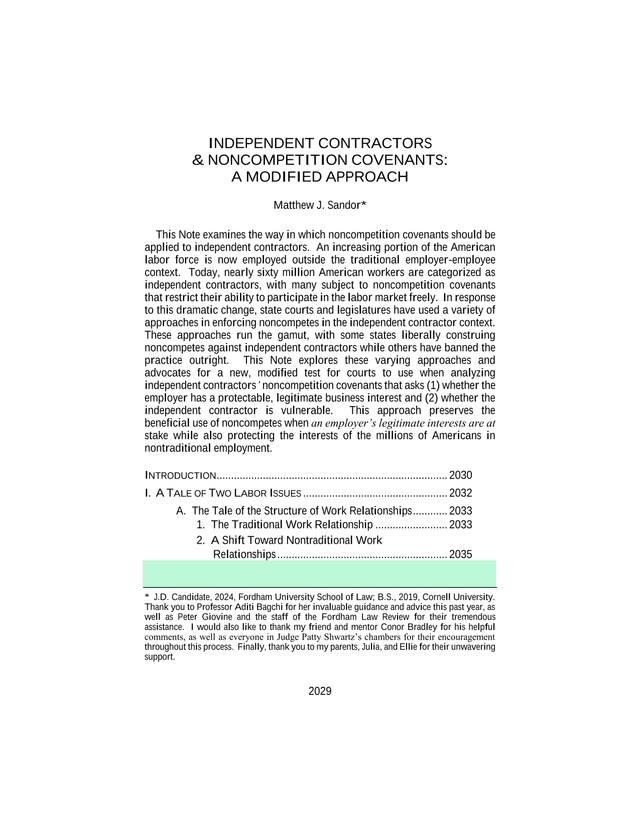 Independent Contractors  Noncompetition Covenants A Modified Approach screenshot