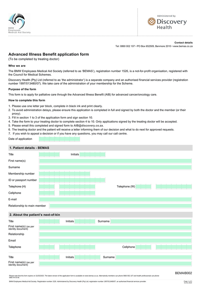 Advanced Illness Benefit Application Form screenshot