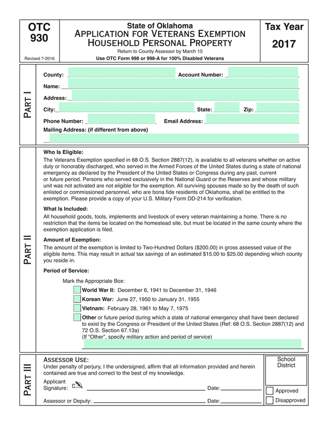 Application For Veterans Exemption screenshot