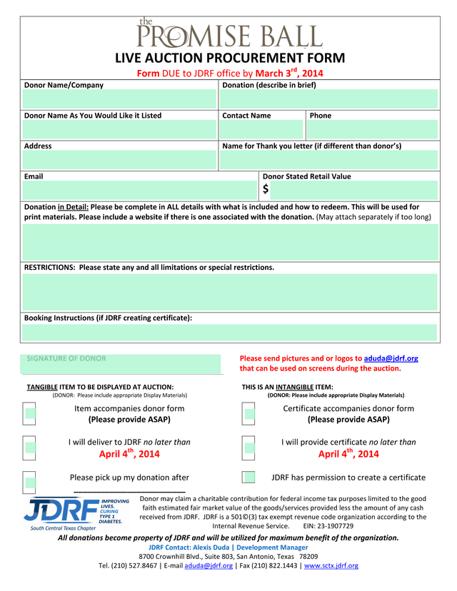 LIVE AUCTION PROCUREMENT FORM screenshot