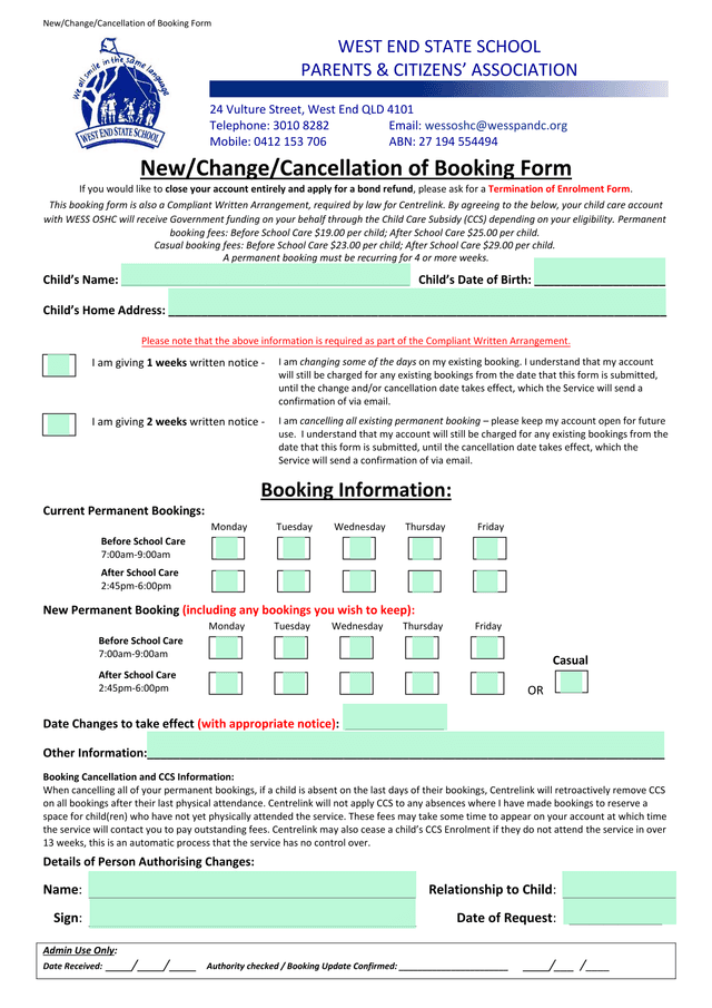 NewChangeCancellation Of Booking Form screenshot