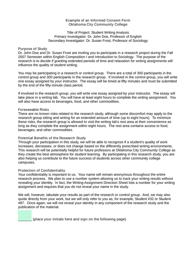 Informed Consent Form Student Writing Analysis screenshot