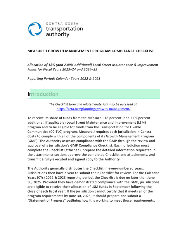 Measure J Growth Management Program Compliance Checklist screenshot