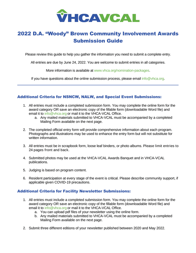 2022 D.A. Woody Brown Community Involvement Awards Submission Guide screenshot