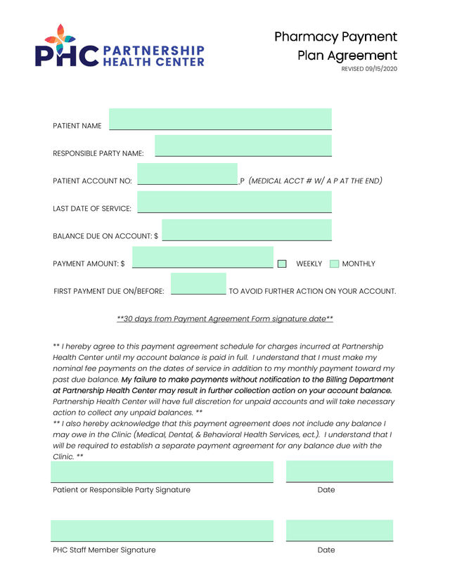 Pharmacy Payment Plan Agreement screenshot