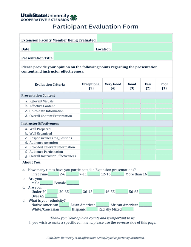 Participant Evaluation Form screenshot
