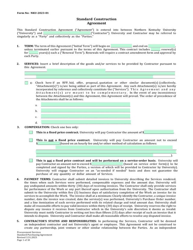 Standard Construction Agreement screenshot