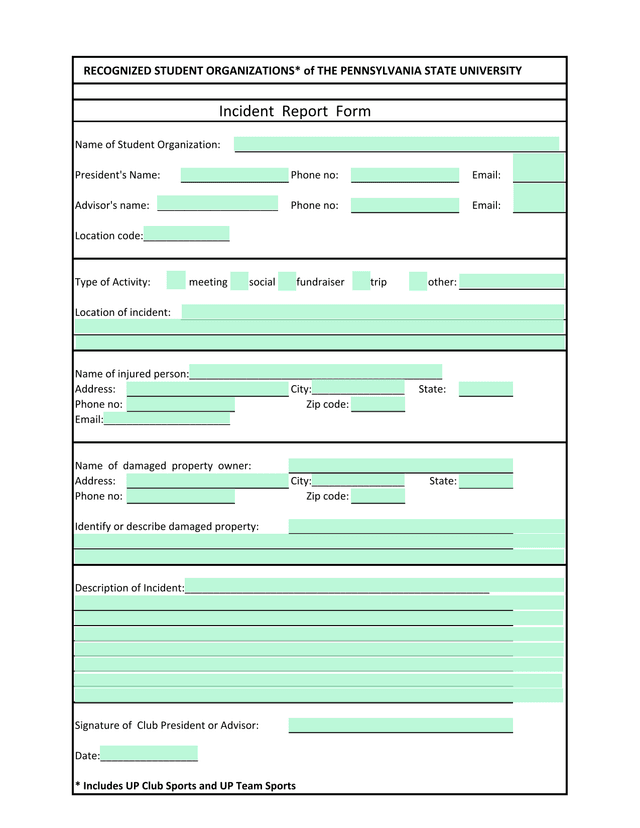 Recognized Student Organizations Incident Report Form screenshot
