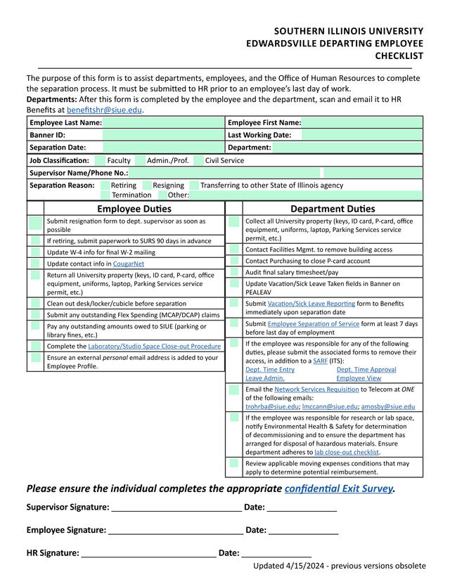 SOUTHERN ILLINOIS UNIVERSITY EDWARDSVILLE DEPARTING EMPLOYEE CHECKLIST screenshot