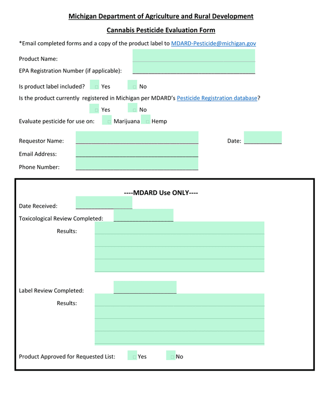 Cannabis Pesticide Evaluation Form screenshot