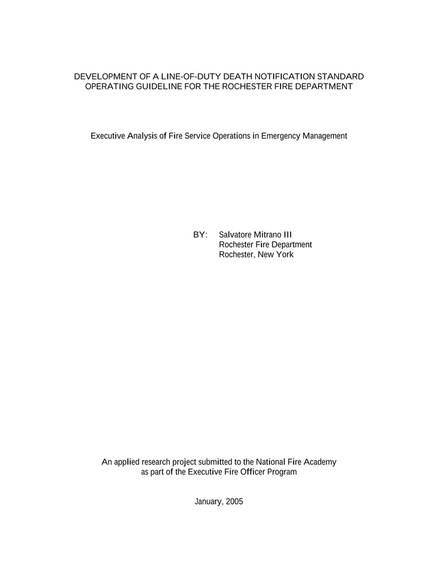 Development Of A Line Of Duty Death Notification Standard Operating Guideline For The Rochester Fire screenshot