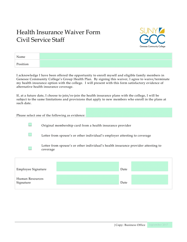 Health Insurance Waiver Form screenshot